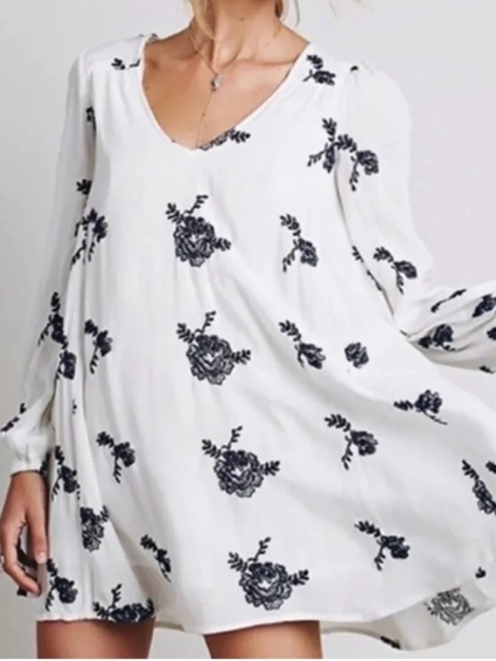 Free People White Mini Dress with Navy Floral Print